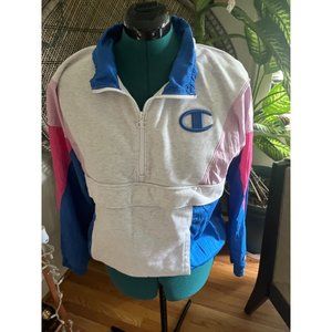 Vintage 70s-80s Blue, White, Pink Champion Half Zip Pullover Nylon + Cotton Jack